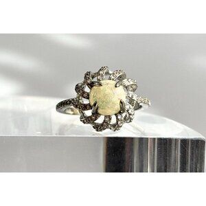 Faux Opal Accented Sunray Framed 925 Sterling Silver Vintage Ring - sz 9